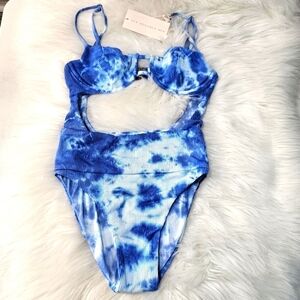 New Sun Becomes Her One Piece Tie Dye Cut-out Blue XS Ribbed Textured Swimsuit